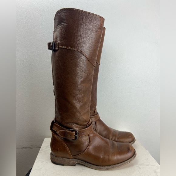 FRYE Phillip Pebbled Leather Knee High Roding Boots Brown Buckle - Picture 2 of 16
